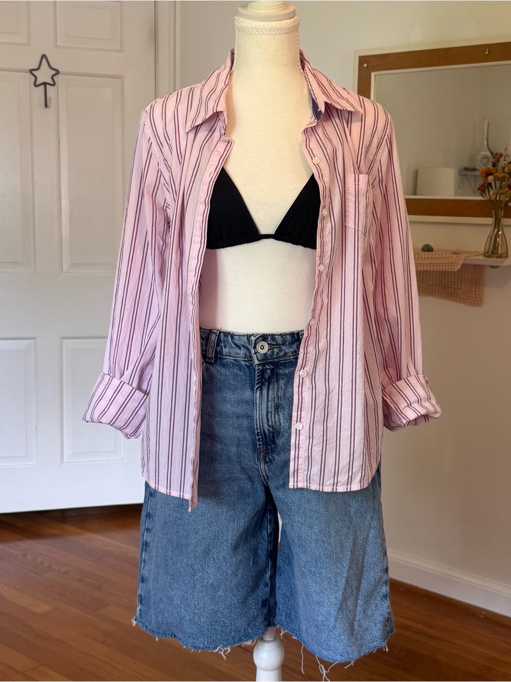 Mossimo 2010 Pink & Deep Purple Fun Color Combo Striped Button-Up Shirt Sz Large